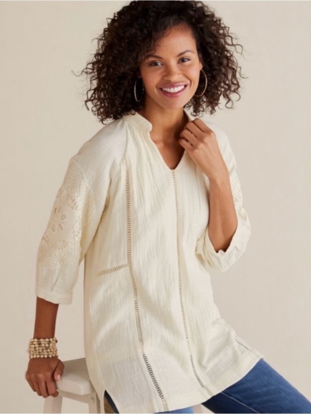 Soft surroundings magnolia gauze Cream Lace-Detail Tunic Top size medium